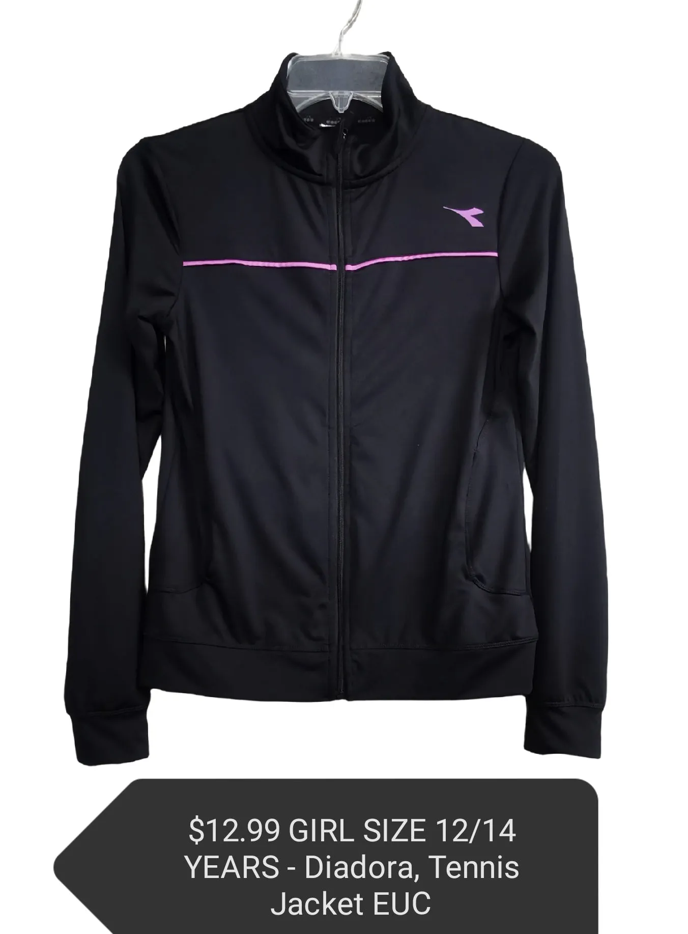 GIRL SIZE 12/14 YEARS - DIADORA, Black, Zippered Athletic Jacket EUC B36