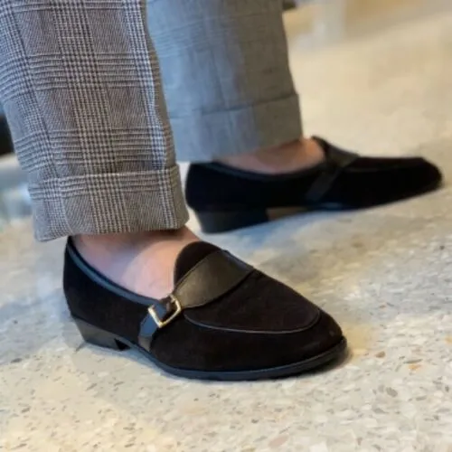 Handmade Black Velvet Monk Casual Shoes for Men