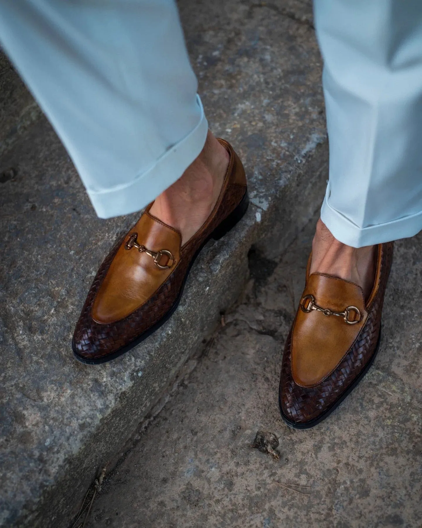 Handmade Custom Tan Brown and Hand Woven Calf Leather Mens Loafers