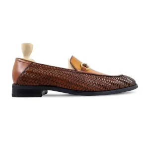 Handmade Custom Tan Brown and Hand Woven Calf Leather Mens Loafers