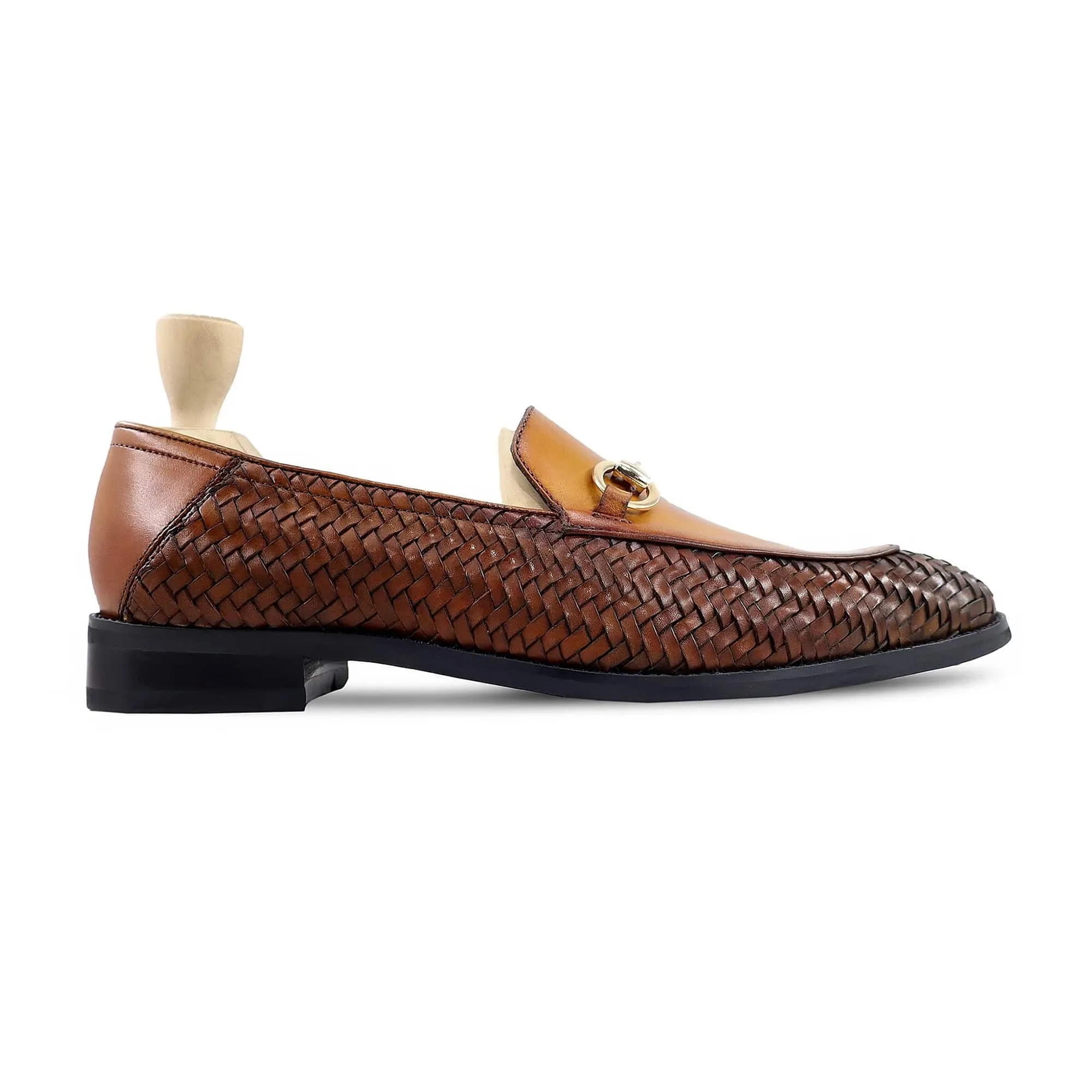 Handmade Custom Tan Brown and Hand Woven Calf Leather Mens Loafers