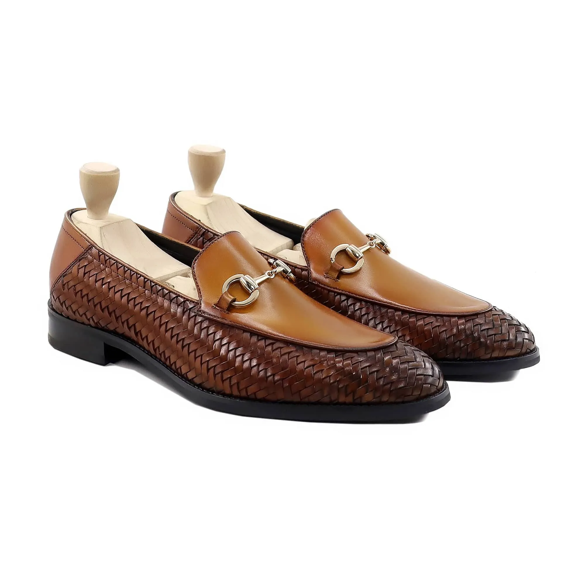 Handmade Custom Tan Brown and Hand Woven Calf Leather Mens Loafers