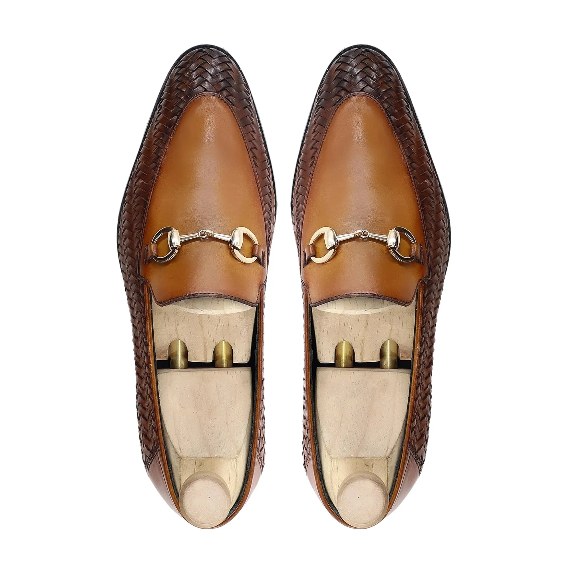 Handmade Custom Tan Brown and Hand Woven Calf Leather Mens Loafers