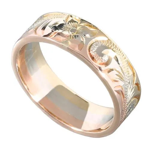 Hawaiian Scroll and Plumeria Engraving Heirloom Ring 14K Tri-gold Made 6mm