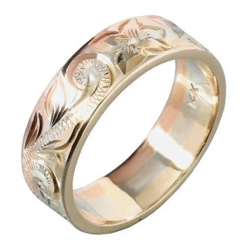 Hawaiian Scroll and Plumeria Engraving Heirloom Ring 14K Tri-gold Made 6mm