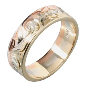 Hawaiian Scroll and Plumeria Engraving Heirloom Ring 14K Tri-gold Made 6mm