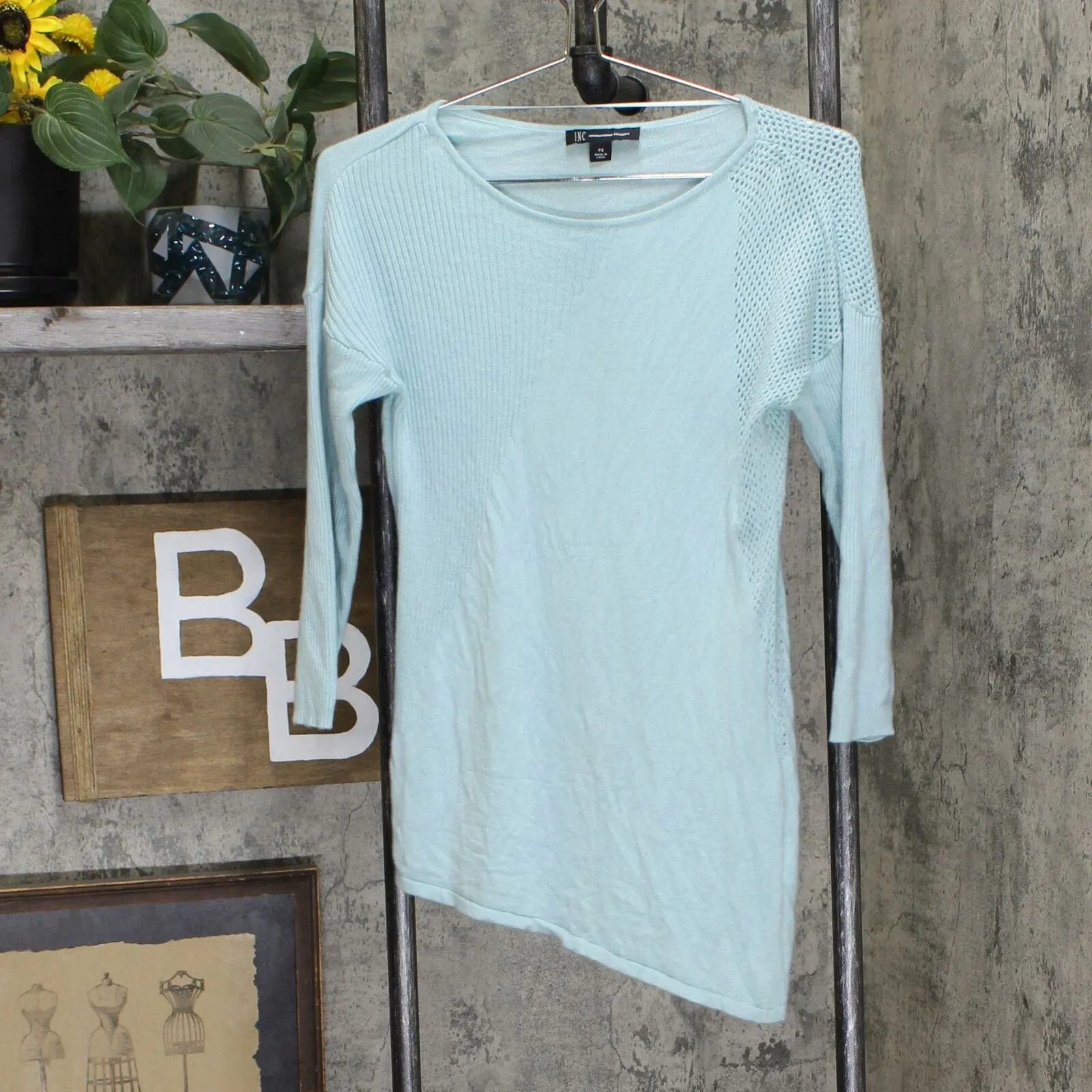 INC International Concepts Asymmetric Sweater Green Mist Petite Small