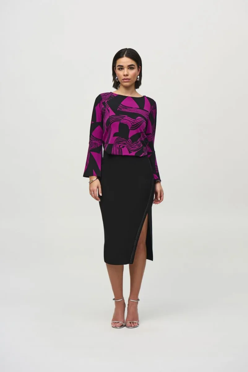 Joseph Ribkoff Empress/Black Abstract Print Flared Slit Sleeve Top 244111