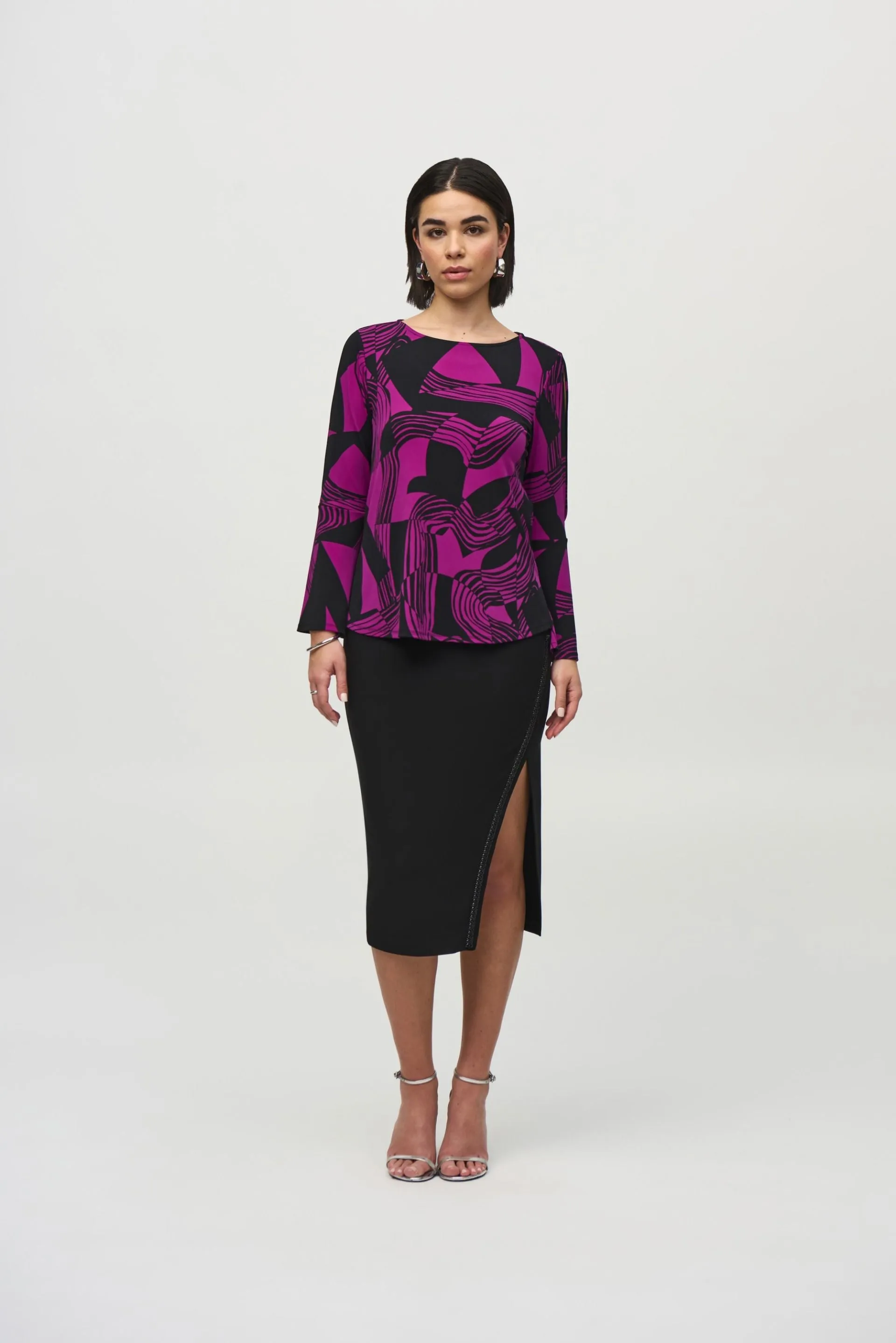 Joseph Ribkoff Empress/Black Abstract Print Flared Slit Sleeve Top 244111