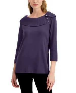 Karen Scott Petite 3/4 Sleeve Cotton Shawl Collar Knit Top