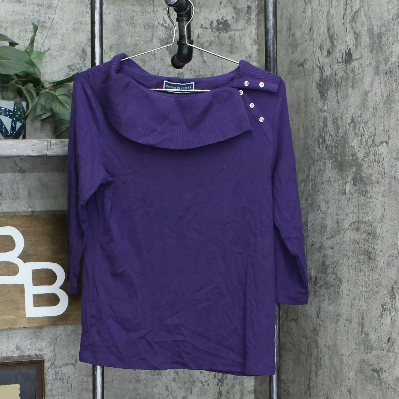 Karen Scott Petite 3/4 Sleeve Cotton Shawl Collar Knit Top