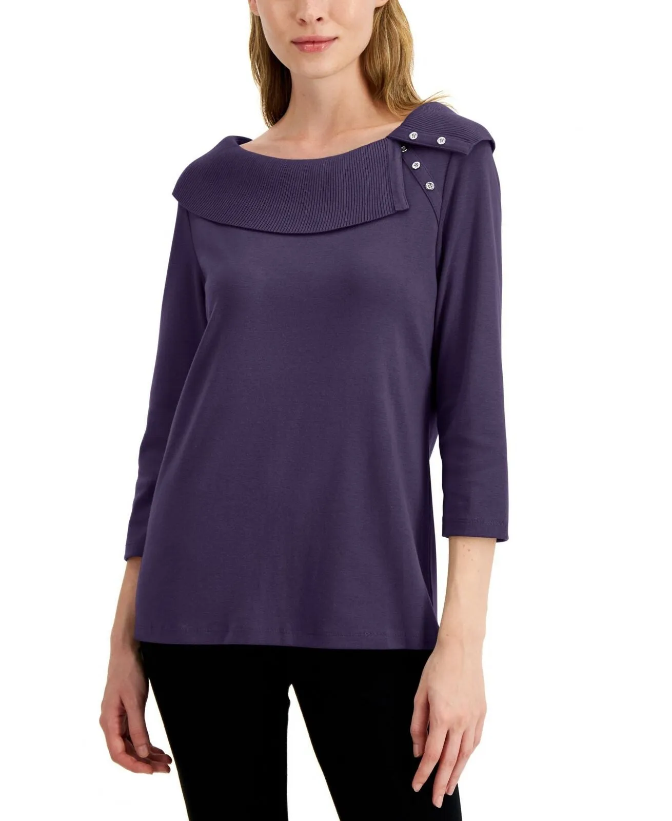 Karen Scott Petite 3/4 Sleeve Cotton Shawl Collar Knit Top