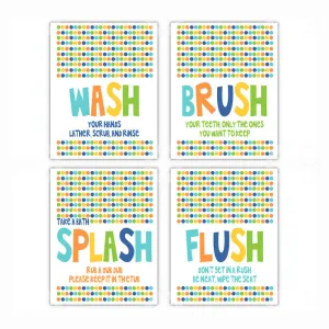 Kids Bathroom Rules Wash Brush Flush Wall Art -  Set of 4