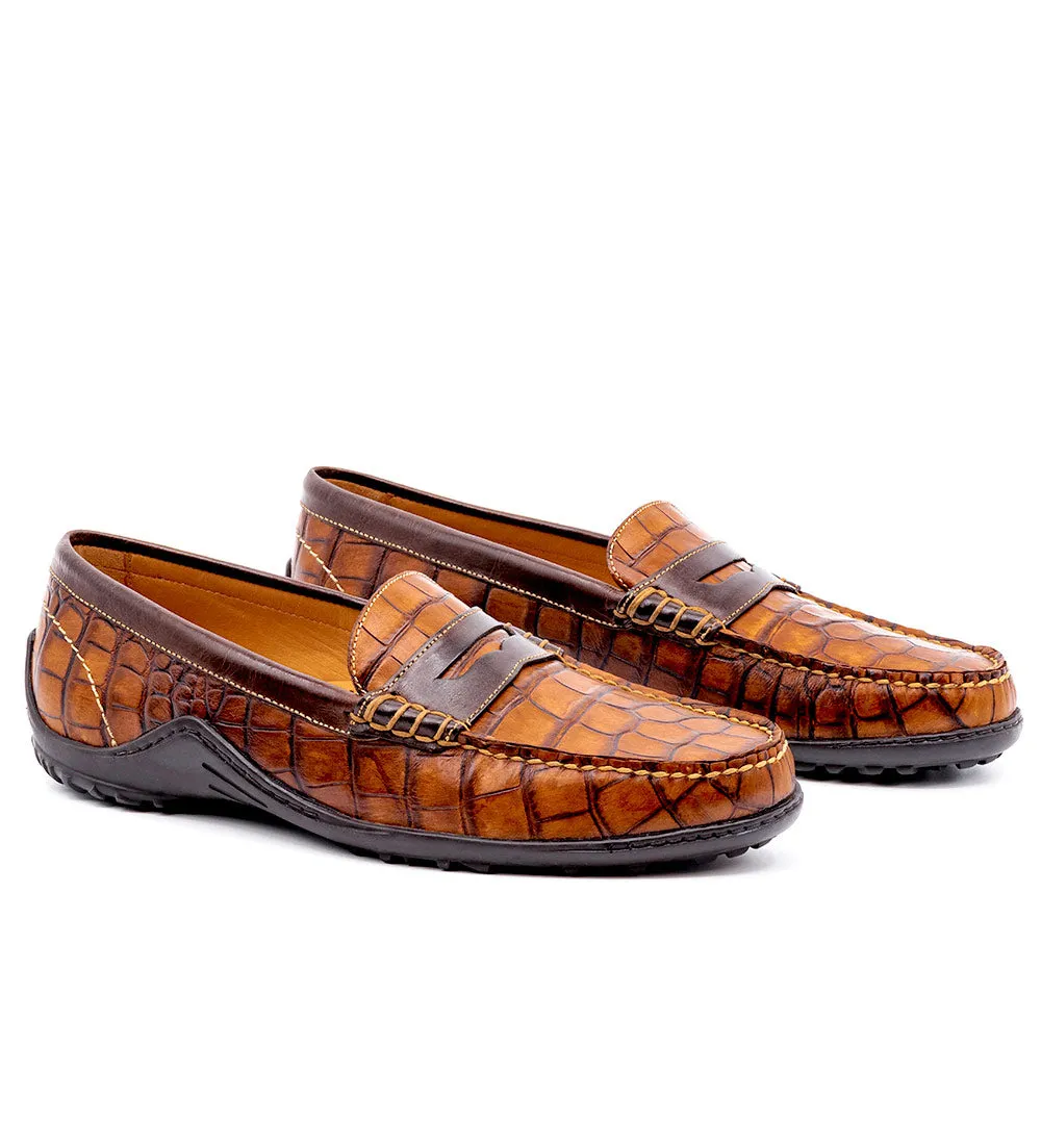 MARTIN DINGMAN BILL ALLIGATOR GRAIN LEATHER PENNY LOAFER - CHESTNUT