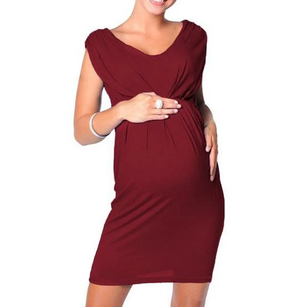 Maternity Dress Pregnancy Sleeveless Solid Color Summer Casual Dress