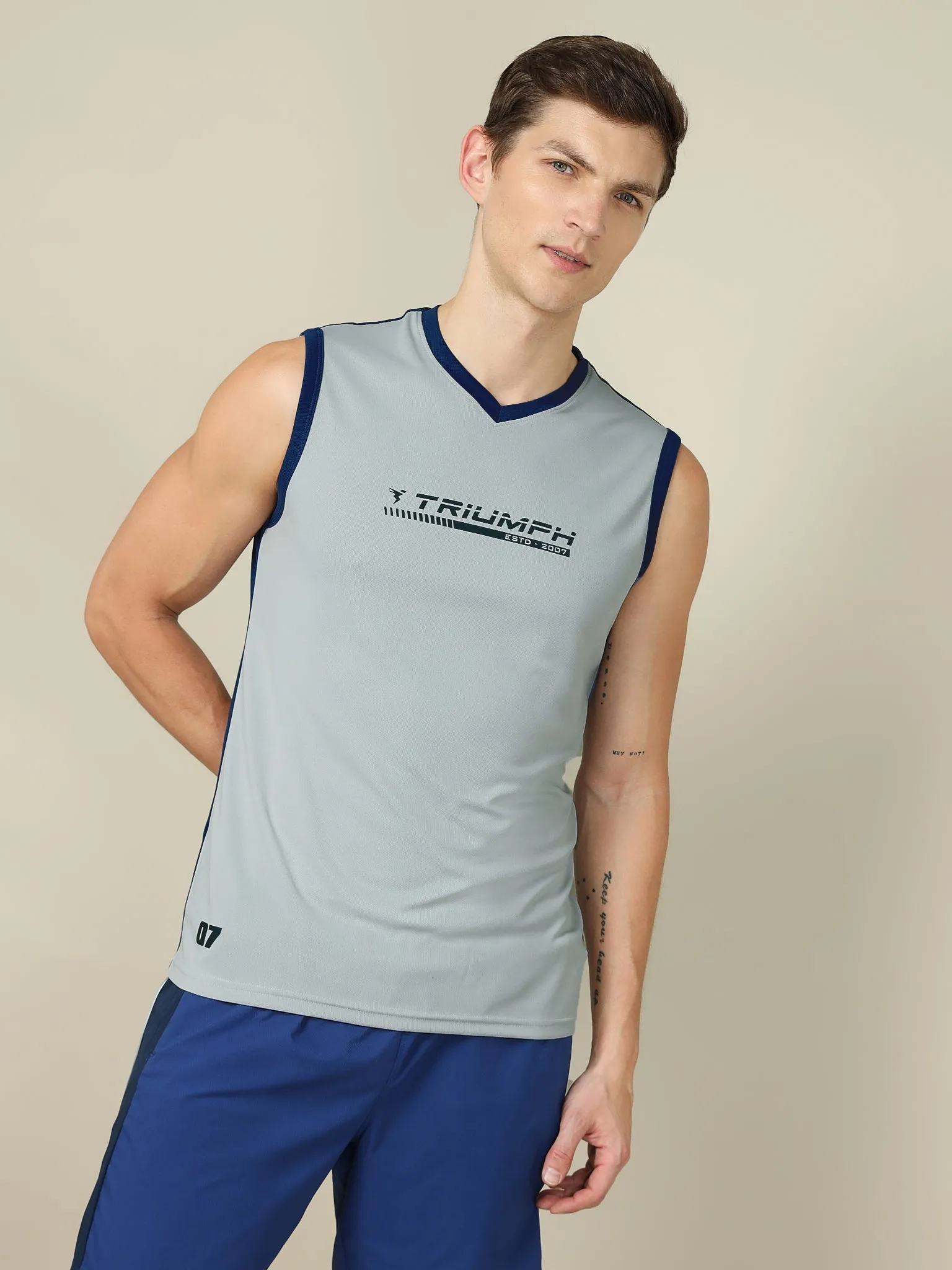Men Solid Slim Fit V Neck Sleeveless T-shirt with TECHNO COOL  
