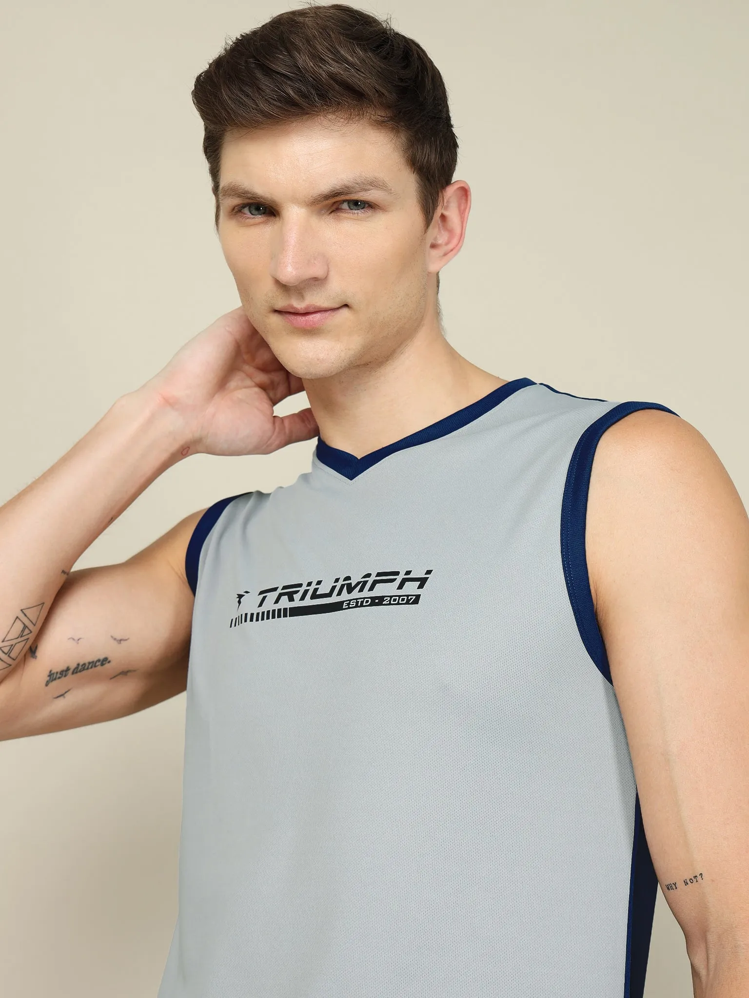 Men Solid Slim Fit V Neck Sleeveless T-shirt with TECHNO COOL  