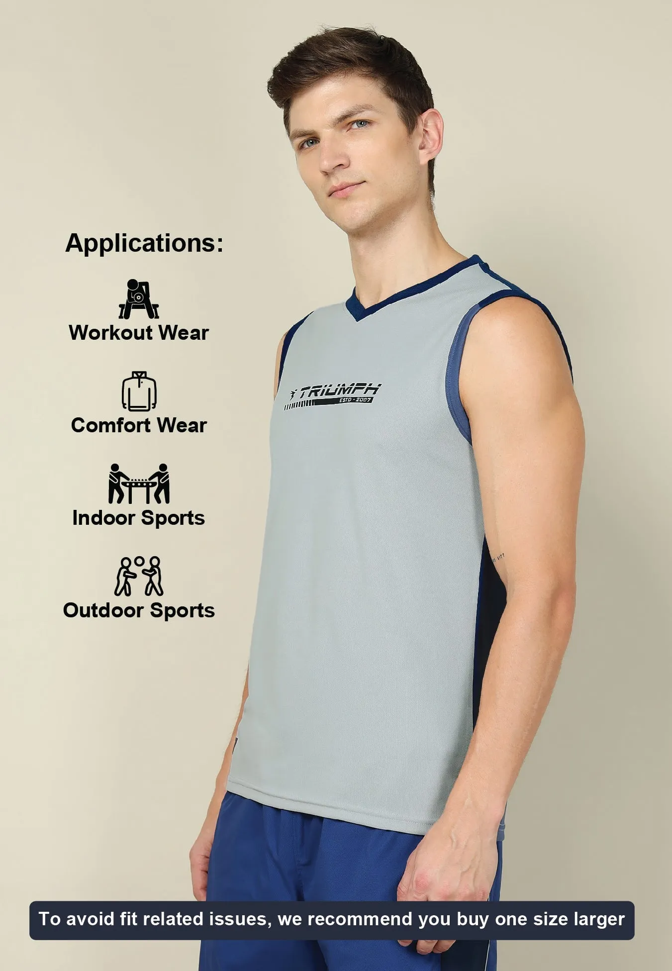 Men Solid Slim Fit V Neck Sleeveless T-shirt with TECHNO COOL  