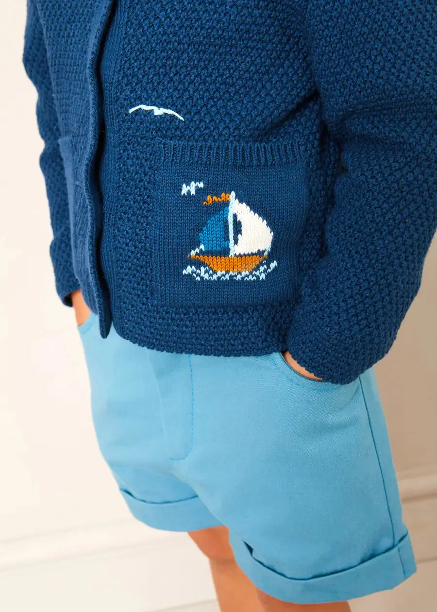 Nautical Boat Embroidery Polo Collar Cardigan in Blue (12mths-6yrs)