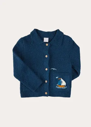 Nautical Boat Embroidery Polo Collar Cardigan in Blue (12mths-6yrs)