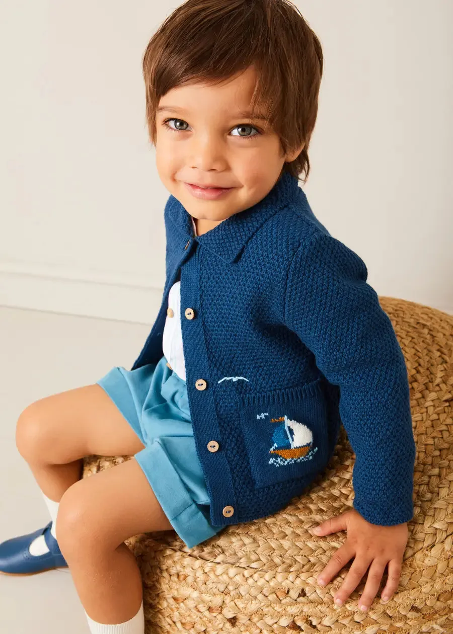 Nautical Boat Embroidery Polo Collar Cardigan in Blue (12mths-6yrs)