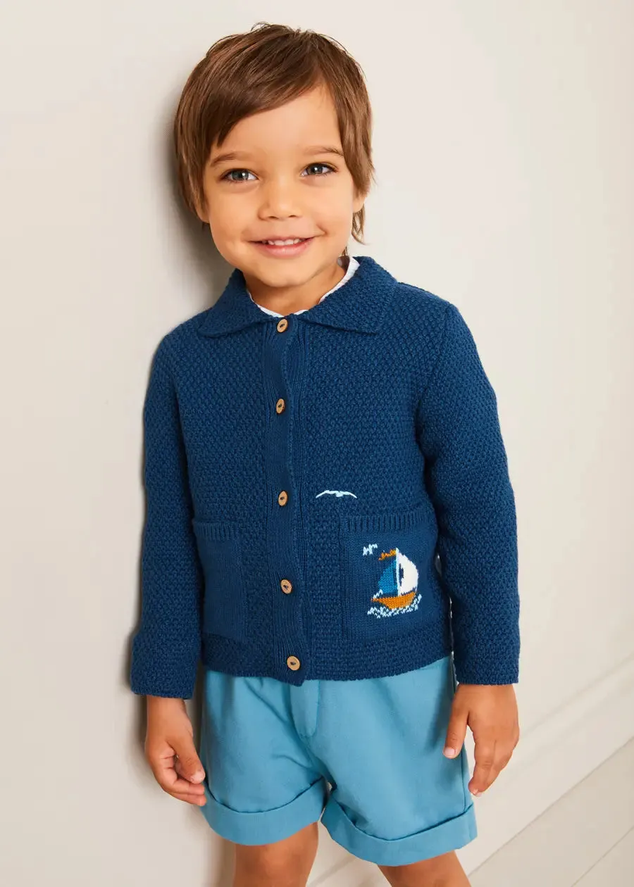 Nautical Boat Embroidery Polo Collar Cardigan in Blue (12mths-6yrs)