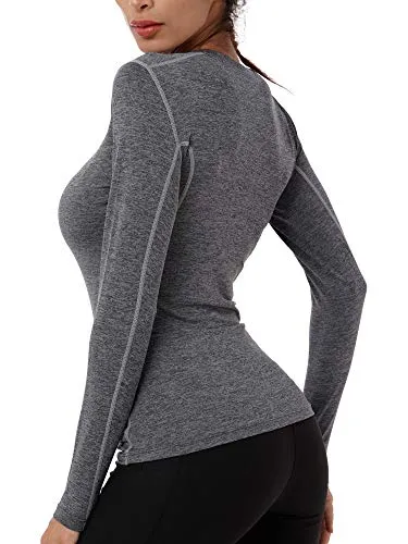 Neleus Women's 3 Pack Dry Fit Athletic Compression Long Sleeve T Shirt,Black,Grey,Blue,Large