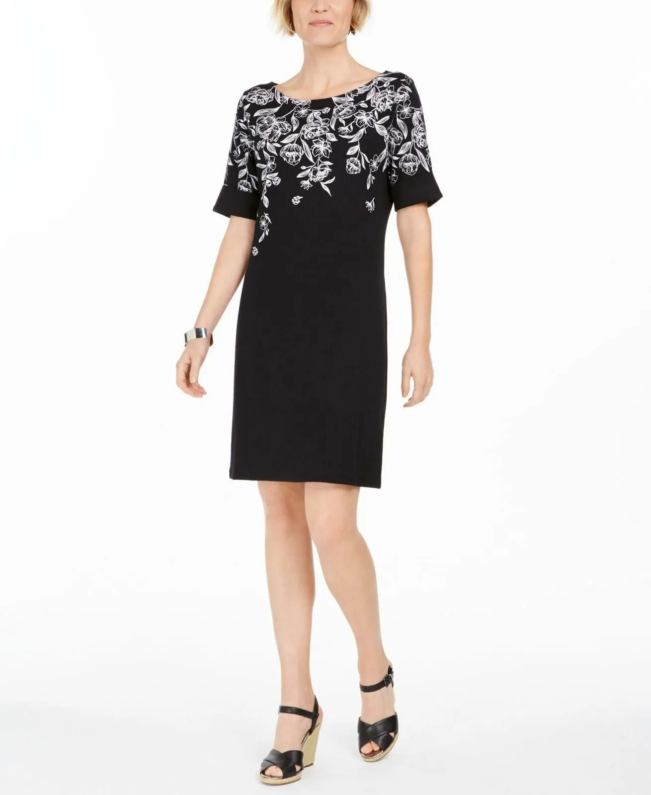 NWT Karen Scott Petite Floral Print Roll Cuff Knit Shirt Dress. 100082293PT PP
