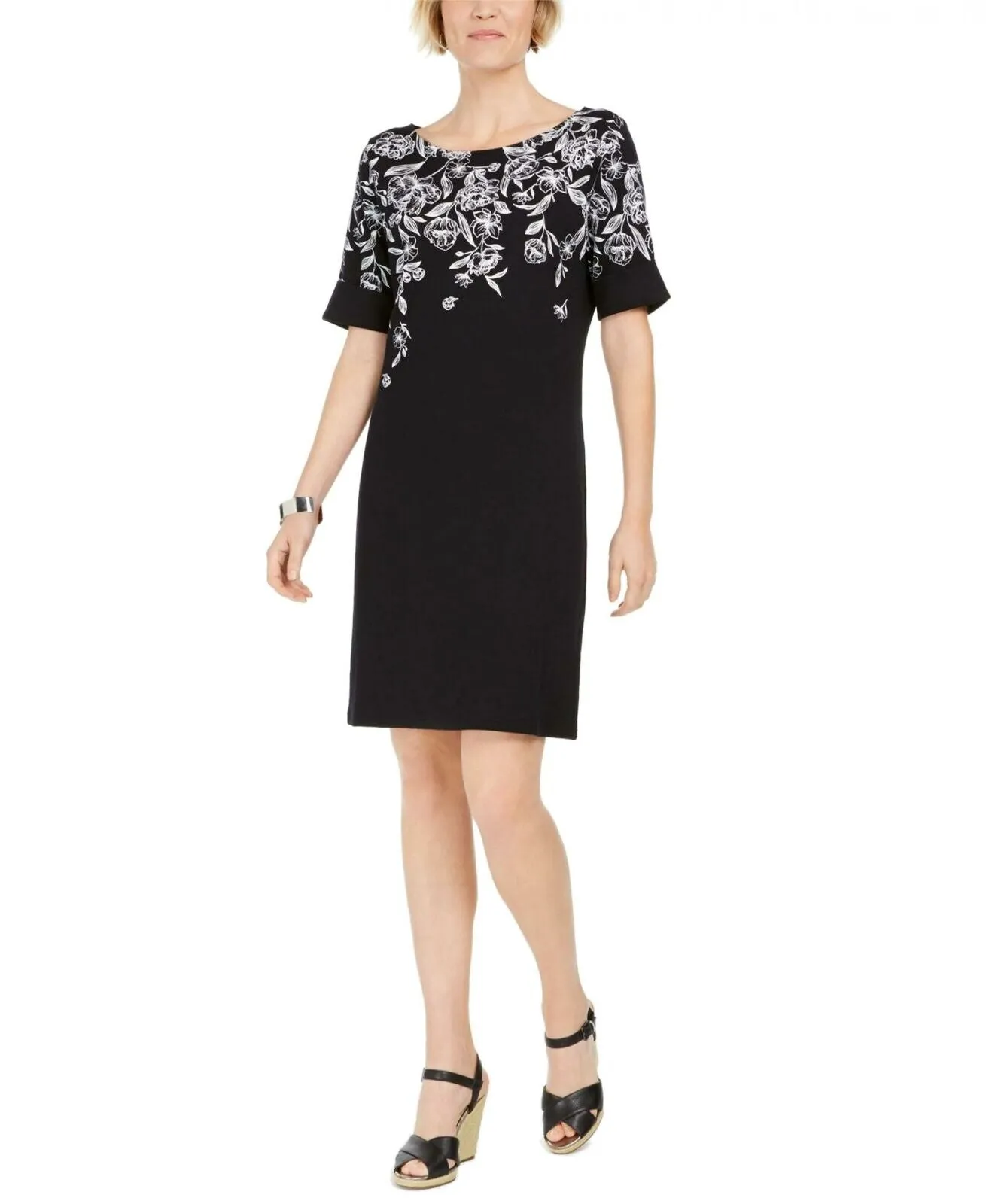 NWT Karen Scott Petite Floral Print Roll Cuff Knit Shirt Dress. 100082293PT PP