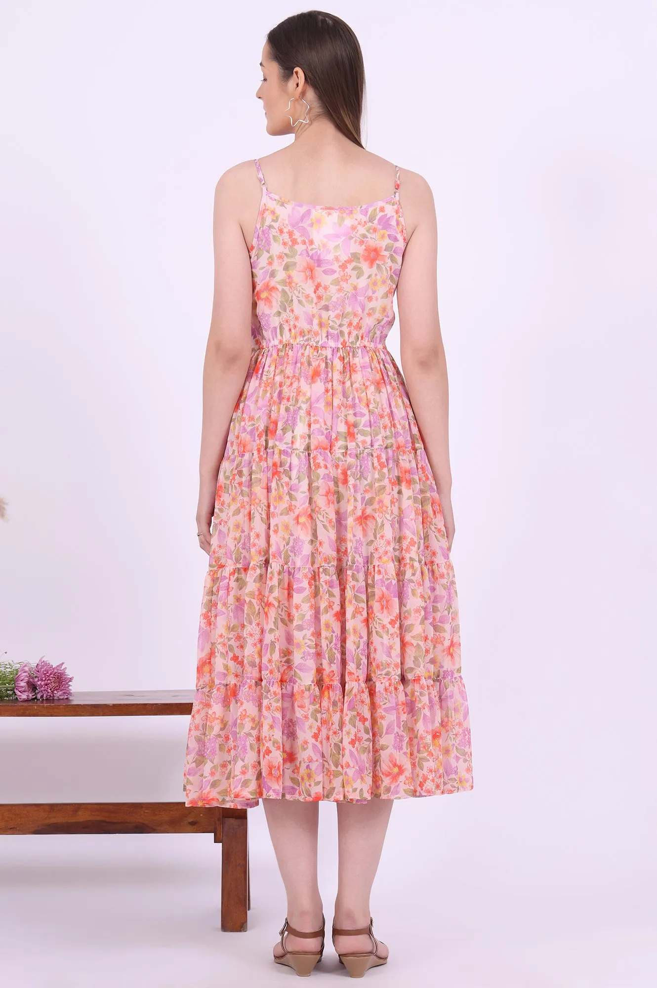 Orange Printed Flarred Georgette Dresses