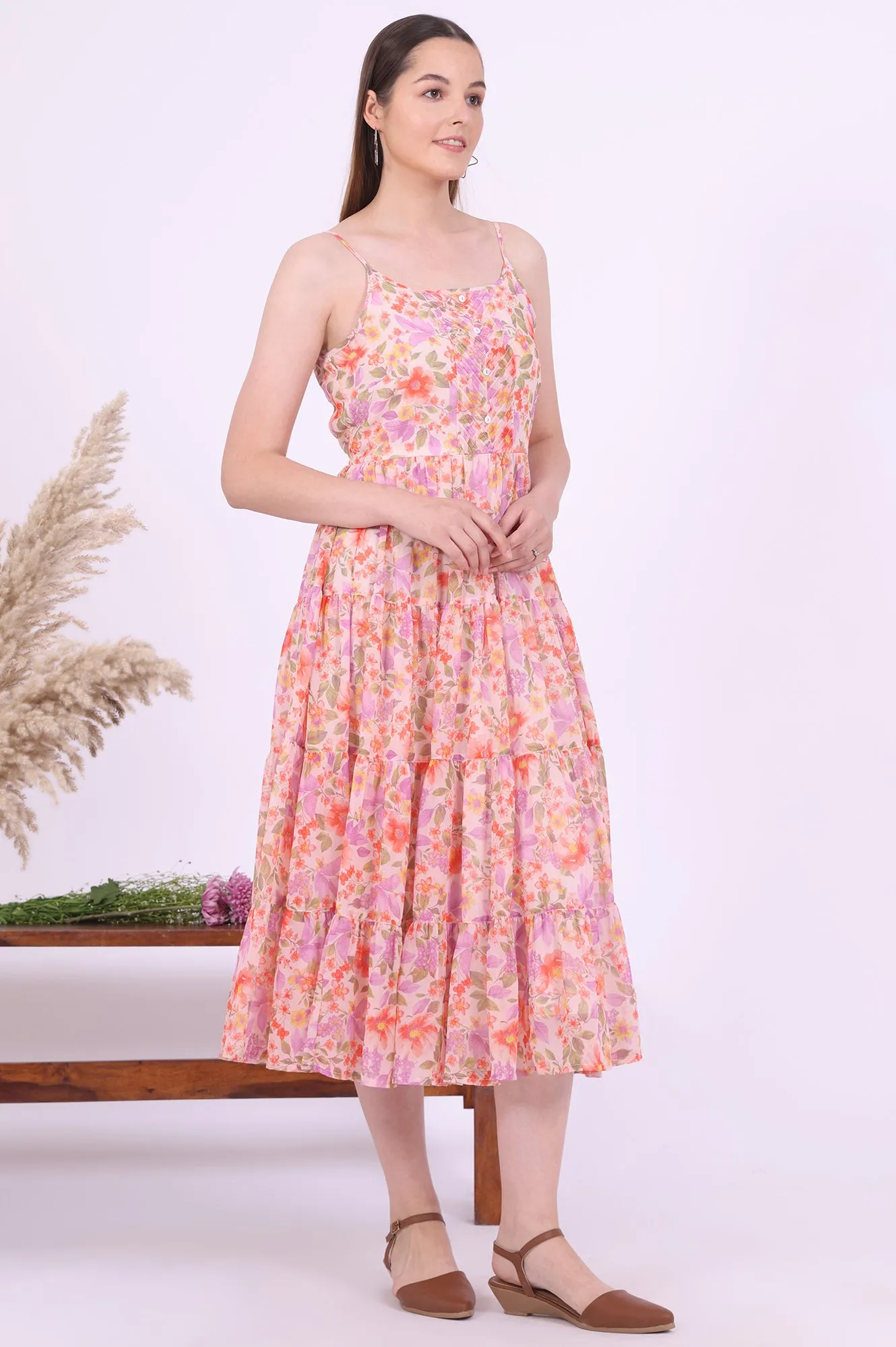 Orange Printed Flarred Georgette Dresses