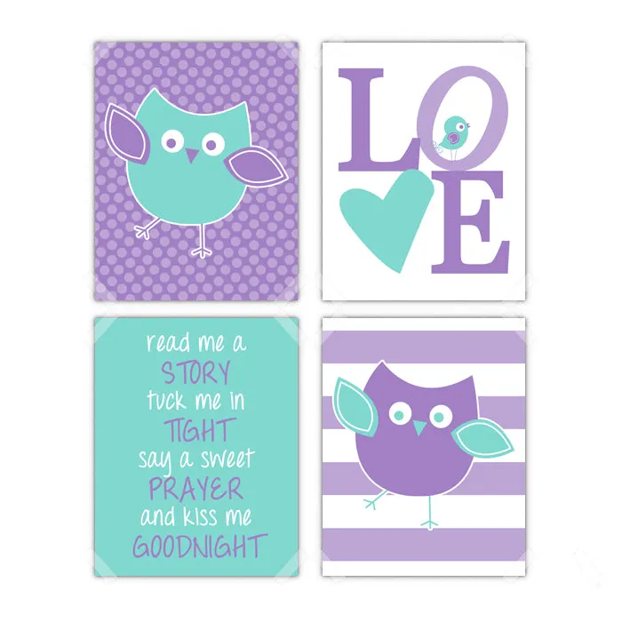 Owl Little Bird Nursery Wall Art - Set of 4