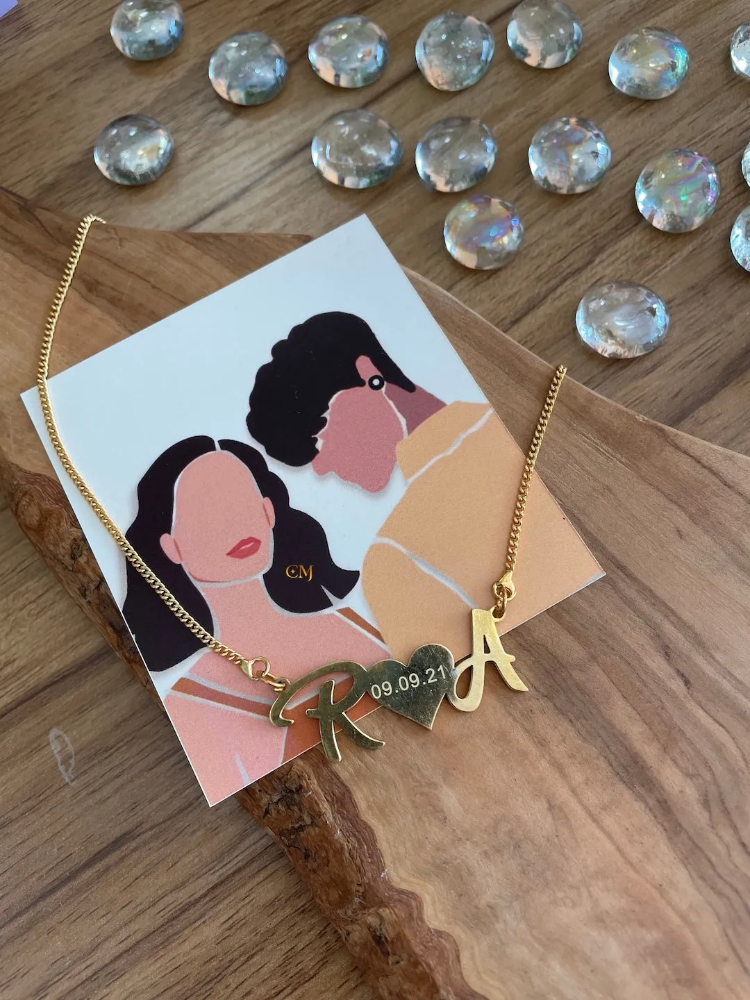 Personalized Heart Charm Necklace With 2 Custom Letters And An Engraved Date