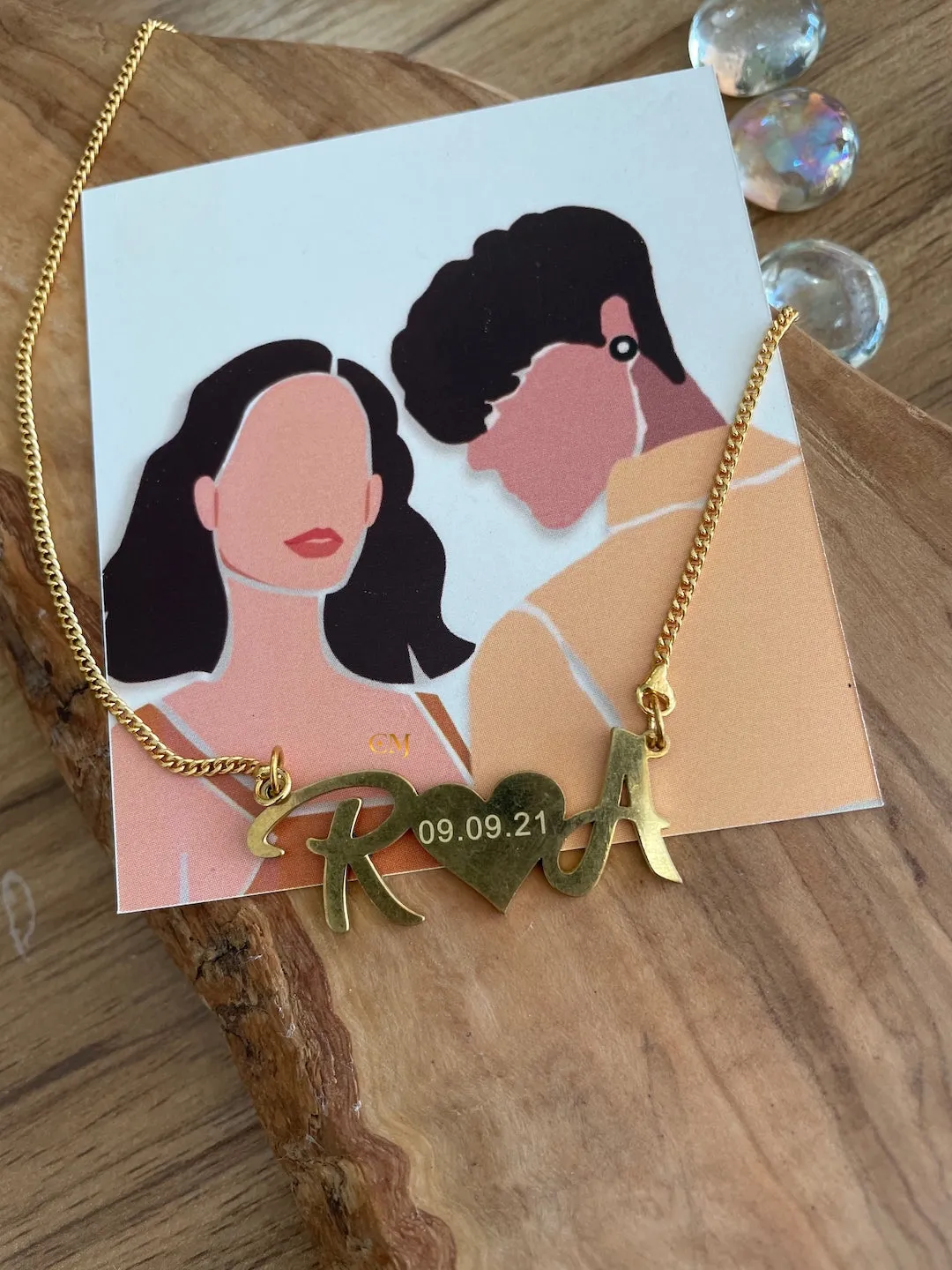 Personalized Heart Charm Necklace With 2 Custom Letters And An Engraved Date