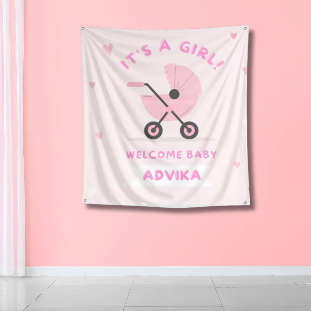 Personalized Its a Baby Girl Tapestry | Welcome Baby Girl Party Decor