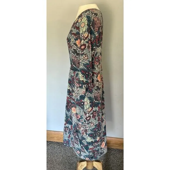 Peruvian Connection Midi Dress Sz Small Floral Boat Neck 3/4 Sleeve Modest EUC