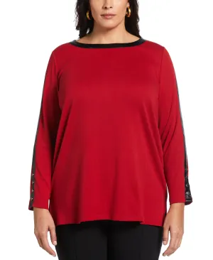 Plus Size Ribbed PU Trim Tunic Top