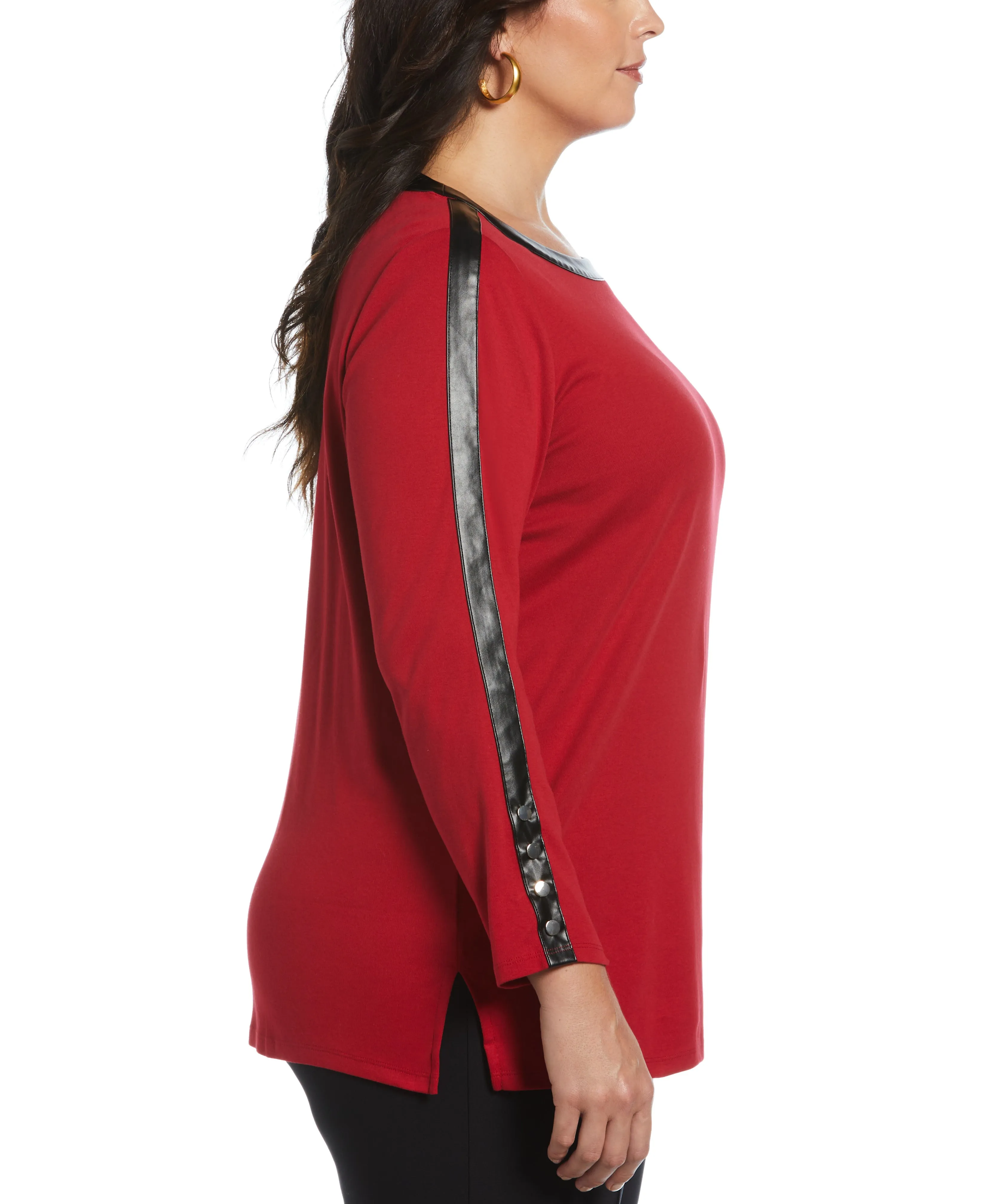 Plus Size Ribbed PU Trim Tunic Top