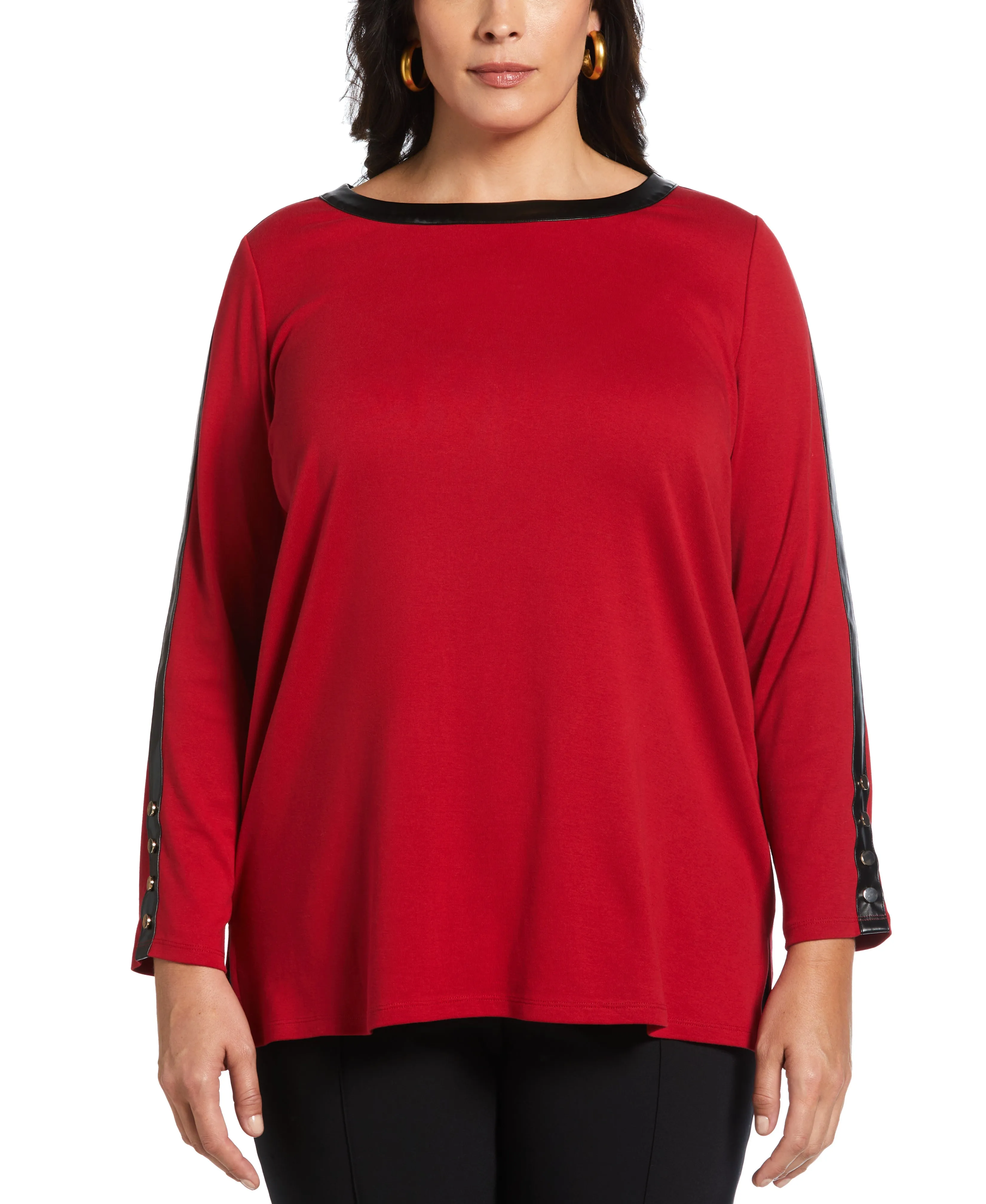 Plus Size Ribbed PU Trim Tunic Top