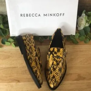 Rebecca Minkoff Pacey Snake-Embossed Pointed-Toe Loafers Yellow Size 7.5