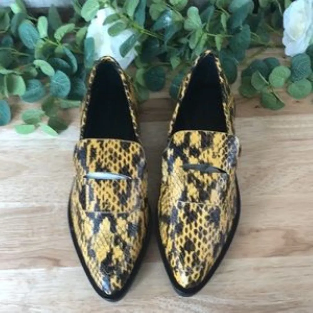 Rebecca Minkoff Pacey Snake-Embossed Pointed-Toe Loafers Yellow Size 7.5