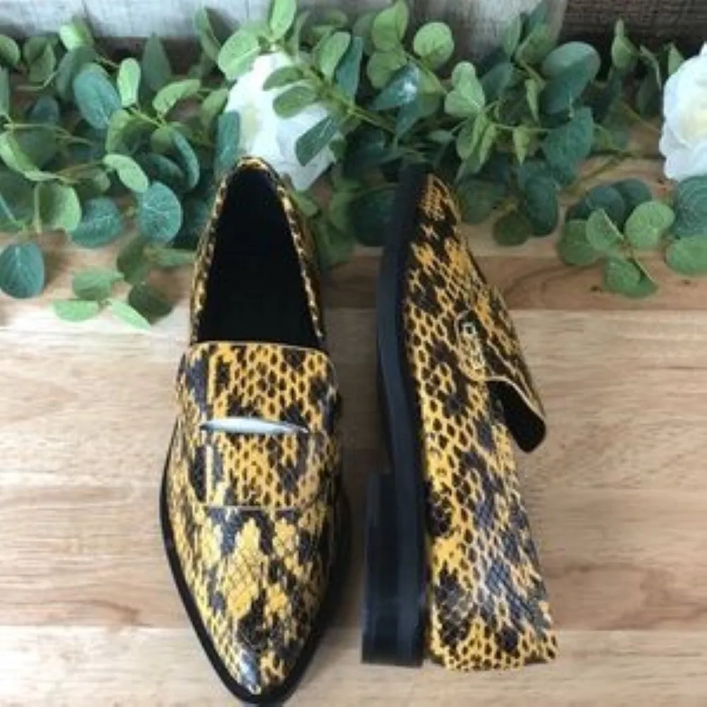 Rebecca Minkoff Pacey Snake-Embossed Pointed-Toe Loafers Yellow Size 7.5