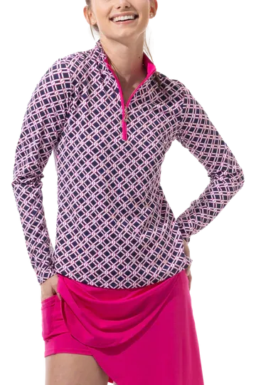 SanSoleil   SolTek  Lux L/S  Print Mock 900621- Pinnacle Navy/ Fuchisa