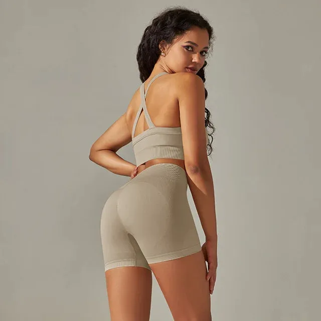 Seamless Yoga Set for Women - Sportswear Fitness Suits, Cross Back Strap Sports Bra, High Waist Shorts, Workout Outfit Gym Clothing