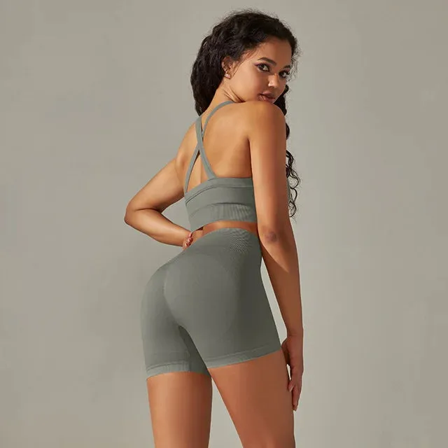 Seamless Yoga Set for Women - Sportswear Fitness Suits, Cross Back Strap Sports Bra, High Waist Shorts, Workout Outfit Gym Clothing