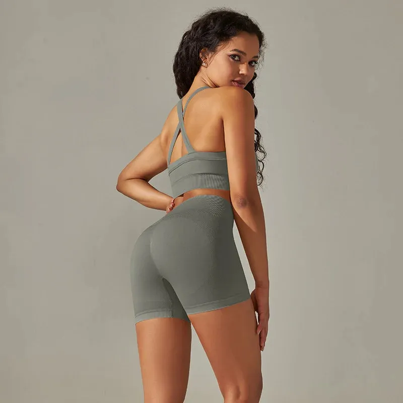 Seamless Yoga Set for Women - Sportswear Fitness Suits, Cross Back Strap Sports Bra, High Waist Shorts, Workout Outfit Gym Clothing