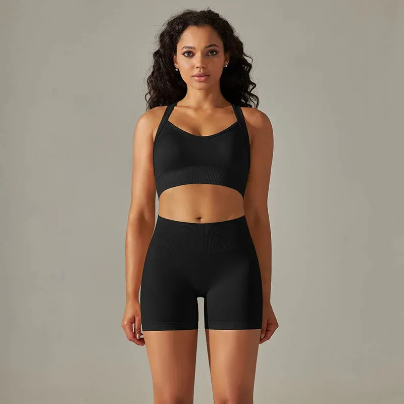 Seamless Yoga Set for Women - Sportswear Fitness Suits, Cross Back Strap Sports Bra, High Waist Shorts, Workout Outfit Gym Clothing