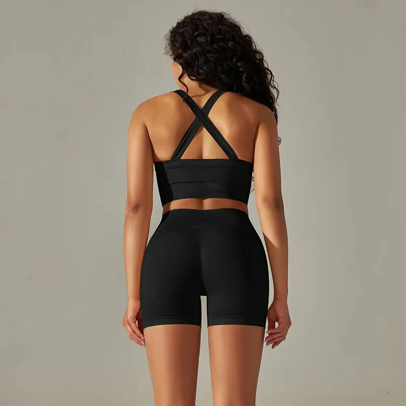 Seamless Yoga Set for Women - Sportswear Fitness Suits, Cross Back Strap Sports Bra, High Waist Shorts, Workout Outfit Gym Clothing