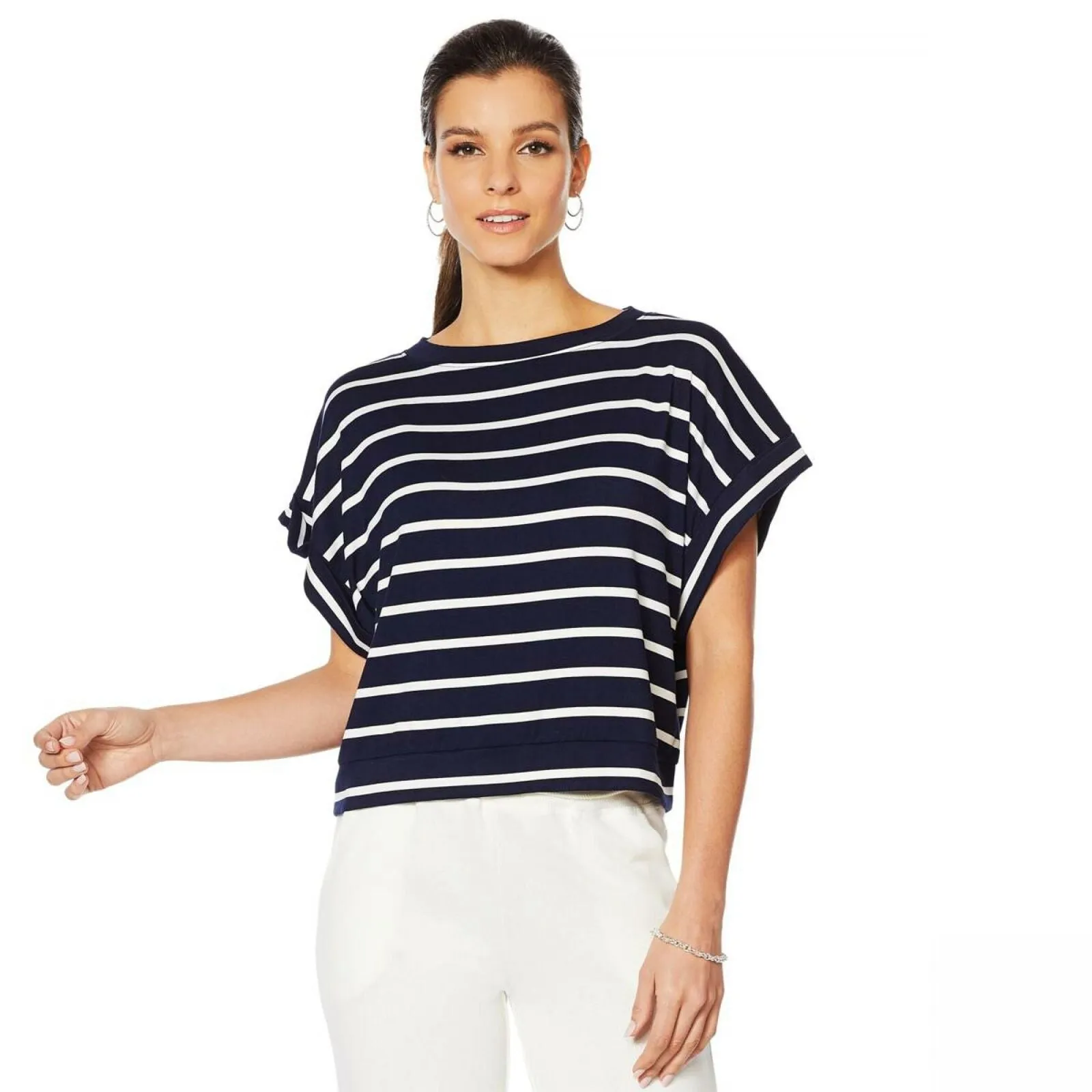 Skinnygirl Women's Striped Boatneck Top Ink / White Stripe Plus 1X