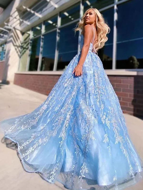 Sky Blue Spaghetti Straps Sweetheart Floral Lace A-line Long Prom Dress, PD2355